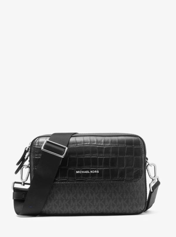 Panske Crossbody Kabelka Michael Kors Hudson Crocodile Embossed Leather and Logo Čierne - Tasky Michael Kors Sleva | HUZJQ-7029
